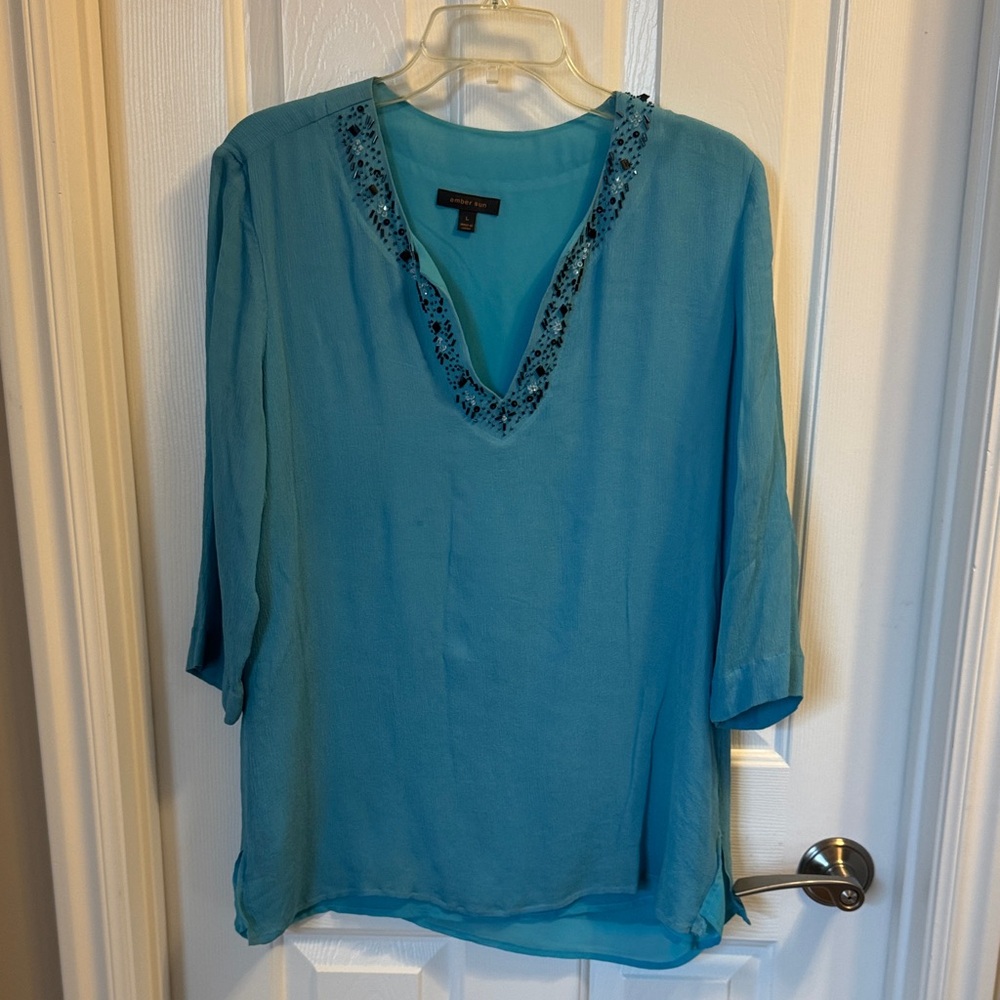 Elegant Teal Blouse with Black Lace Detail